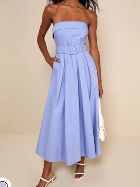 Lulu's Periwinkle Strapless Midi Dress with Belt